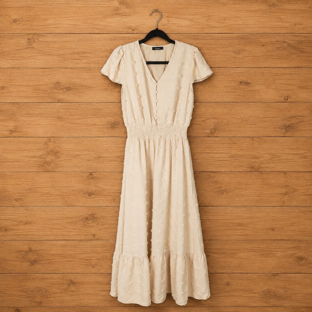 Cream Swiss Dot Maxi Dress Smocked Waist Pearl Button V-Neck Flutter Sleeve